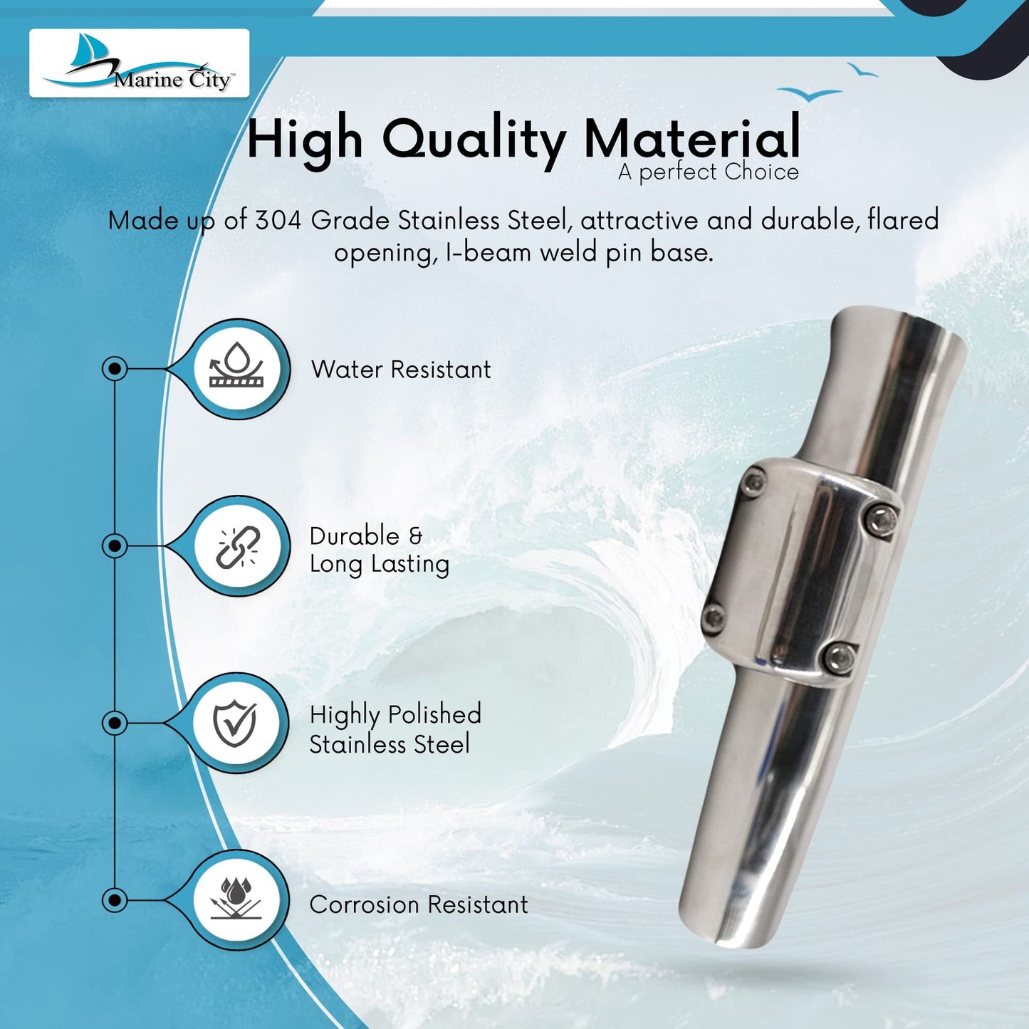 Marine City Adjustable Fishing Rod Holder – 304 Stainless Steel, Clamp-On