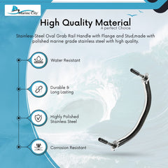 Marine City Oval Grab Rail Handle with Flange, 7-7/8 Inch, Stainless Steel