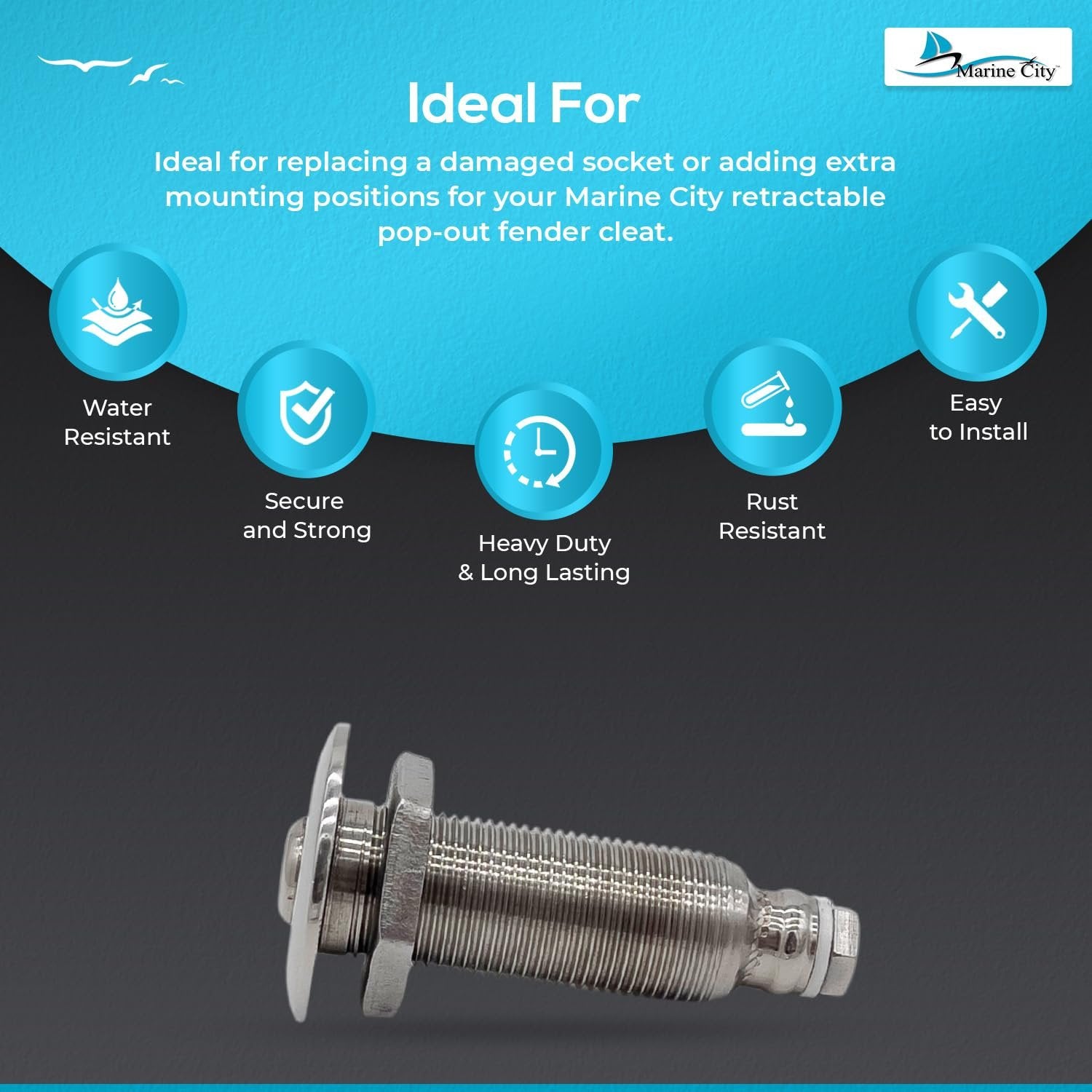 Marine City Retractable Fender Cleat Socket – 316 Stainless Steel Pop-Up Mount MARINE CITY