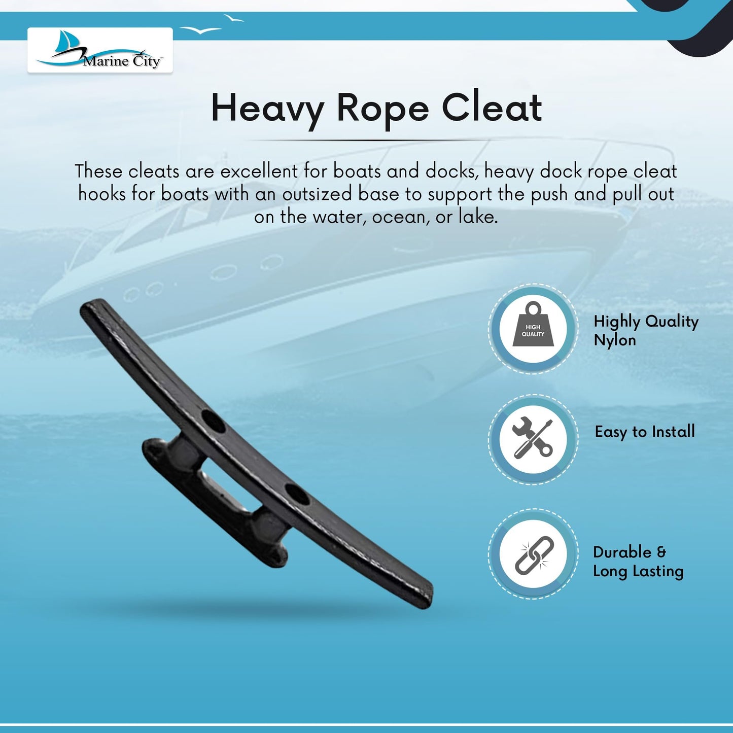 Marine City High Impact Nylon Dock Cleat – 6'' Rust-Proof, Boat Mooring Cleat
