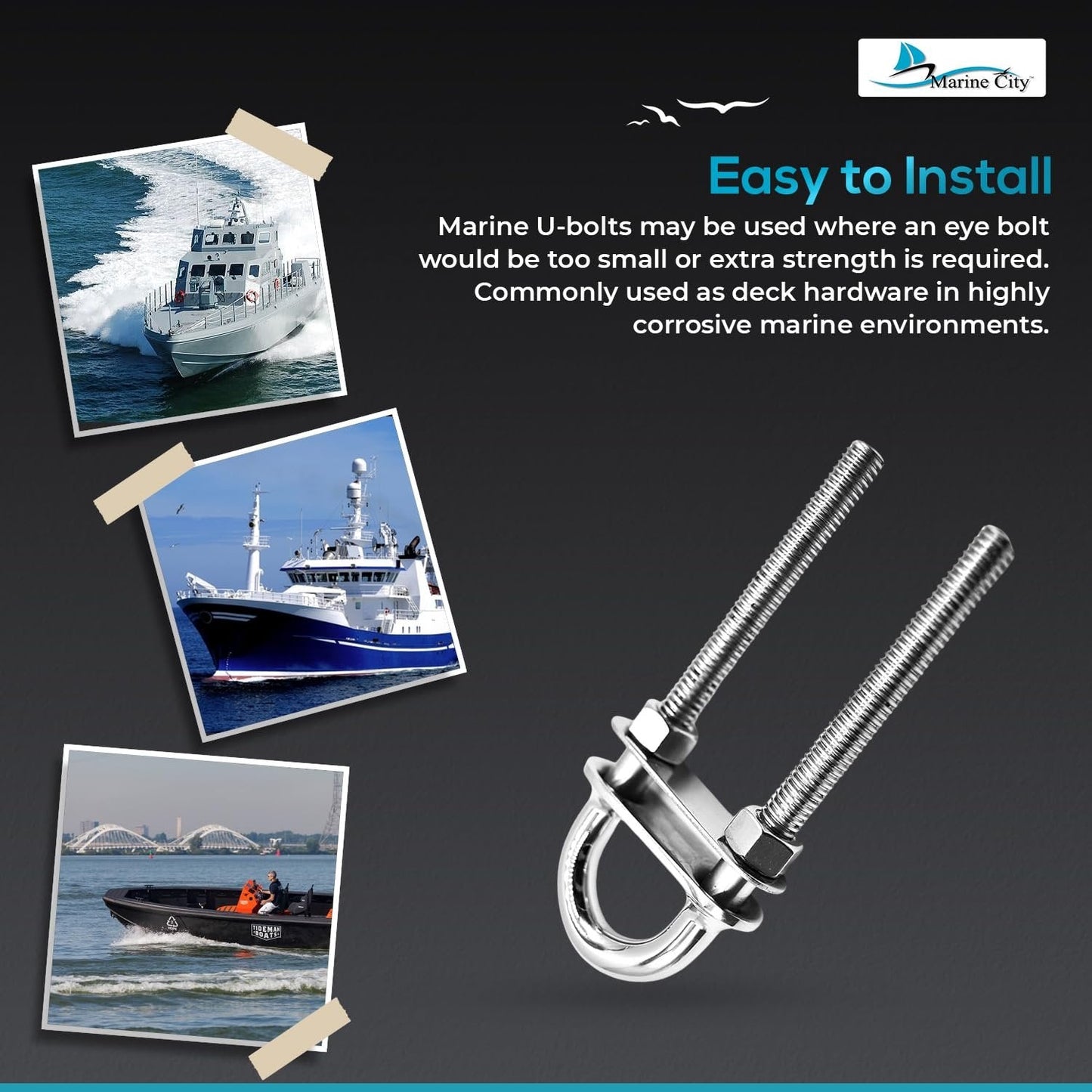 Marine City Stern Bow Eye Tie Down U-Bolt–304 Stainless Steel Welding Plate 4.5" Marine City Hardware