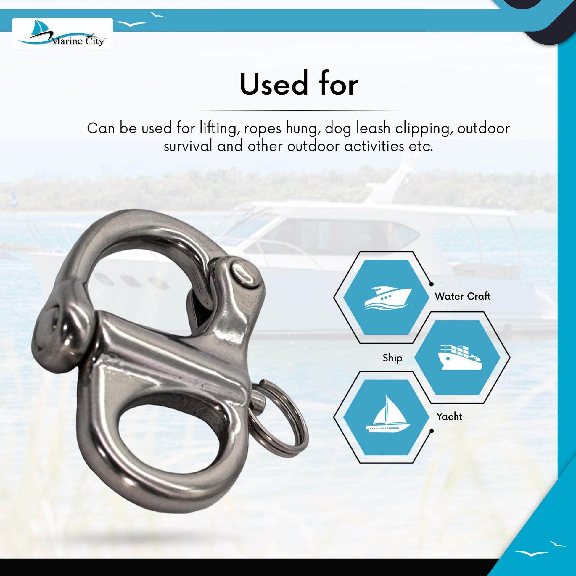 Marine City 316 Stainless Steel Fixed Bail Snap Shackle – Quick Release Pin MARINE CITY