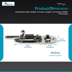 Marine City Barrel Bolt Door Latch – 316 Stainless Steel, Medium, Slide Lock