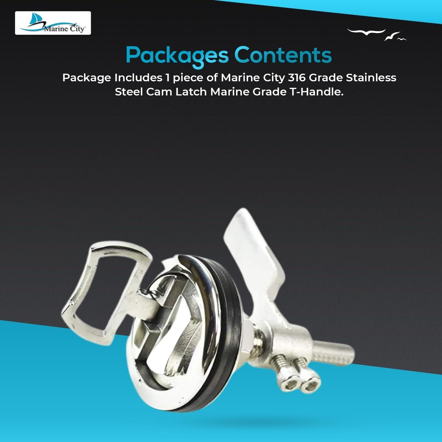Marine City Flush Cam Latch T-Handle – 316 Stainless Steel, Water-Tight Seal Marine City
