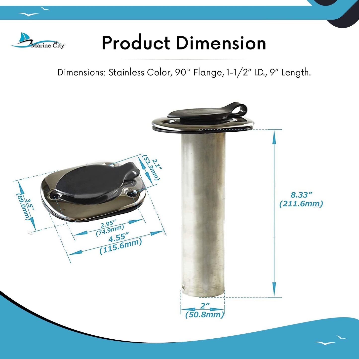 MARINE CITY Stainless Steel Flush Mount Fishing Rod Holder – 90° Angle