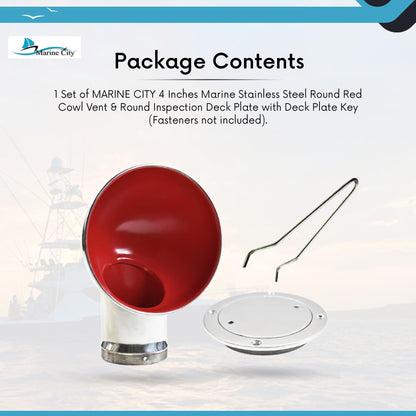 Marine City 4-Inch Round Red Cowl Vent with Deck Plate – 304 Stainless Steel