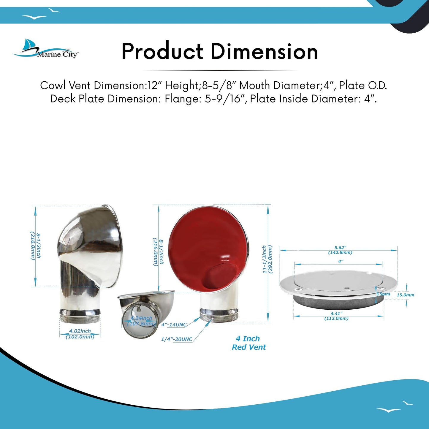 Marine City 4-Inch Round Red Cowl Vent with Deck Plate – 304 Stainless Steel
