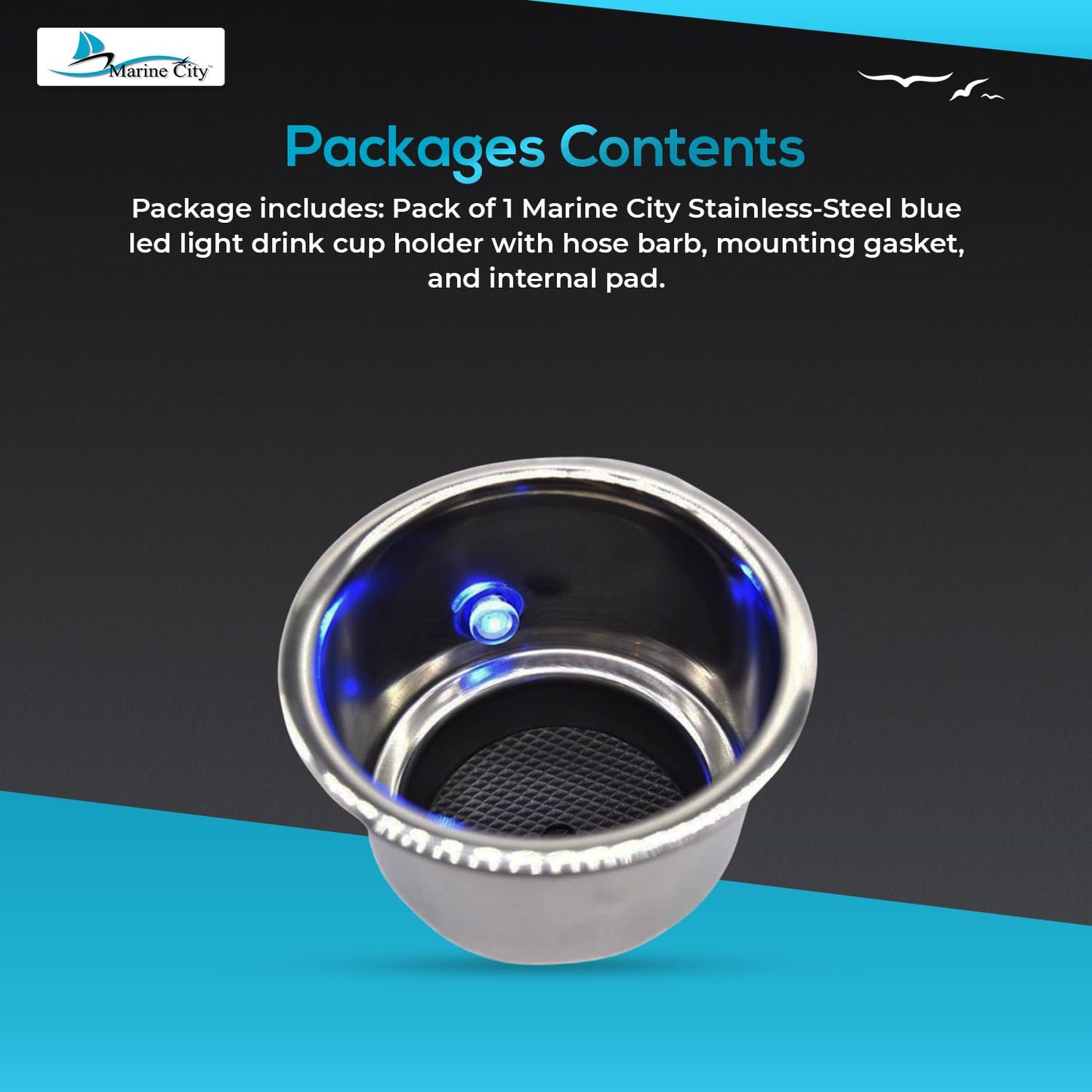 Marine City Stainless Steel 12V Blue LED Illuminated Drink Holder with Drain