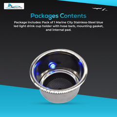 Marine City Stainless Steel 12V Blue LED Illuminated Drink Holder with Drain
