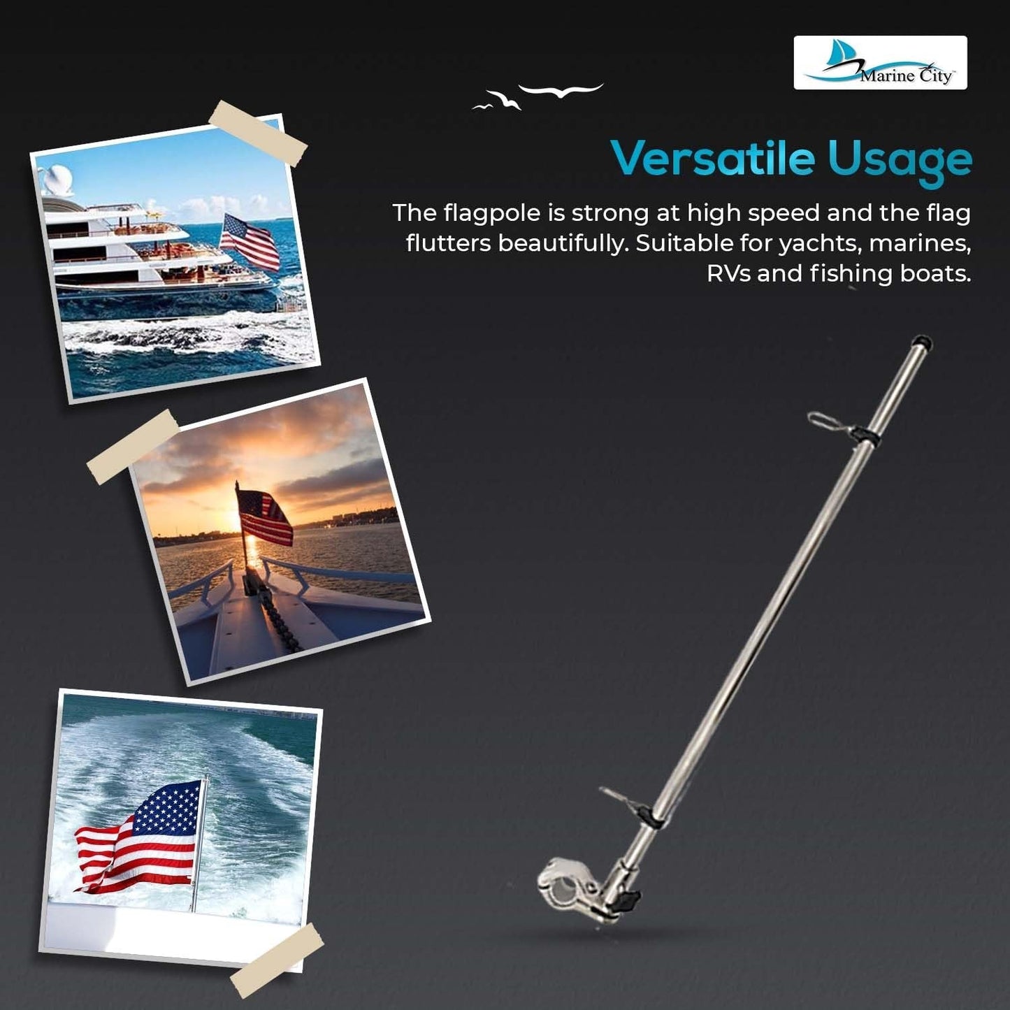 Marine City Stainless Steel Pole Base with 21" Flag Pole & 12x18” US Flag Marine City