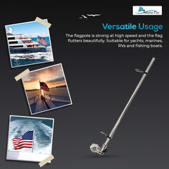 Marine City Asta de bandera montada en riel de acero inoxidable de 21 pulgadas y base de asta de bandera de acero inoxidable y bandera de EE. UU. de 12 pulgadas x 18 pulgadas para yate (1 juego)
