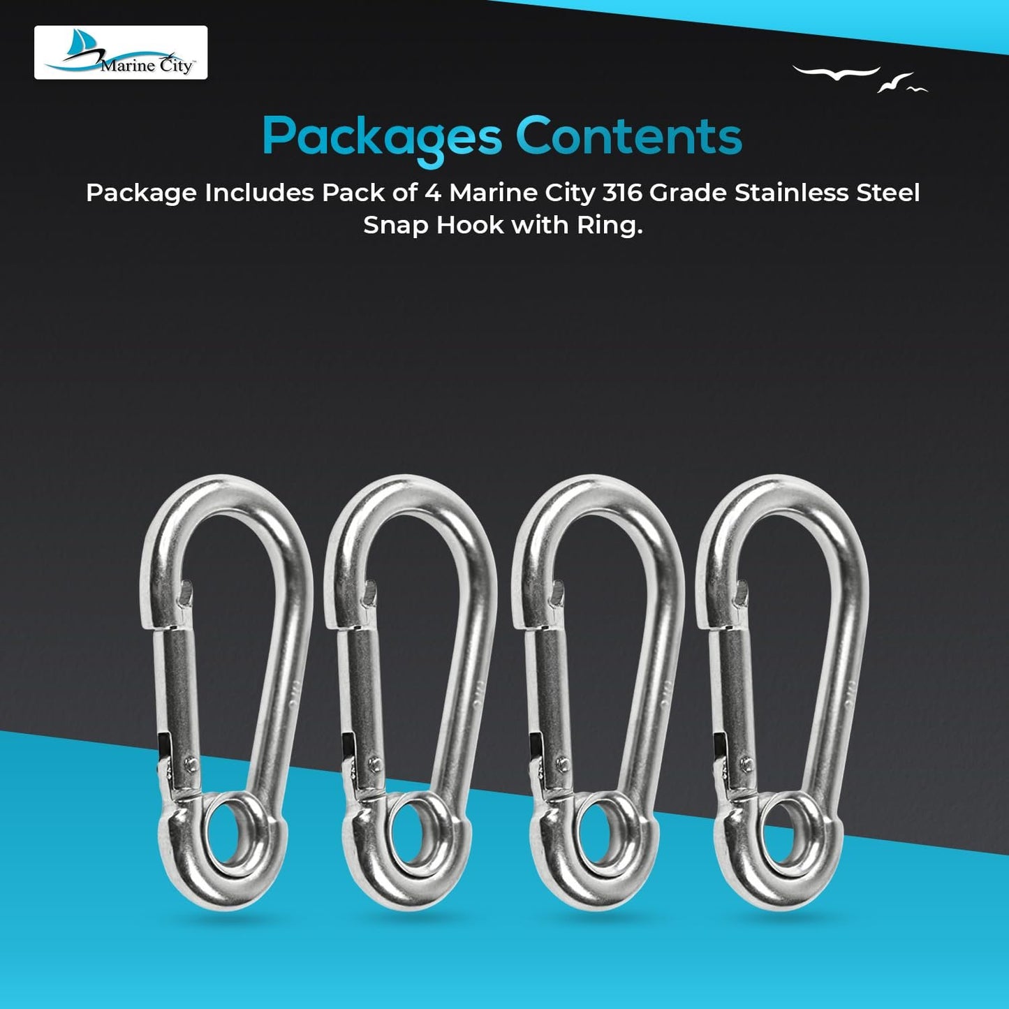 Marine City Carabiner Clip Snap Hook with Ring 2-3/4” Stainless Steel (4 Pcs)