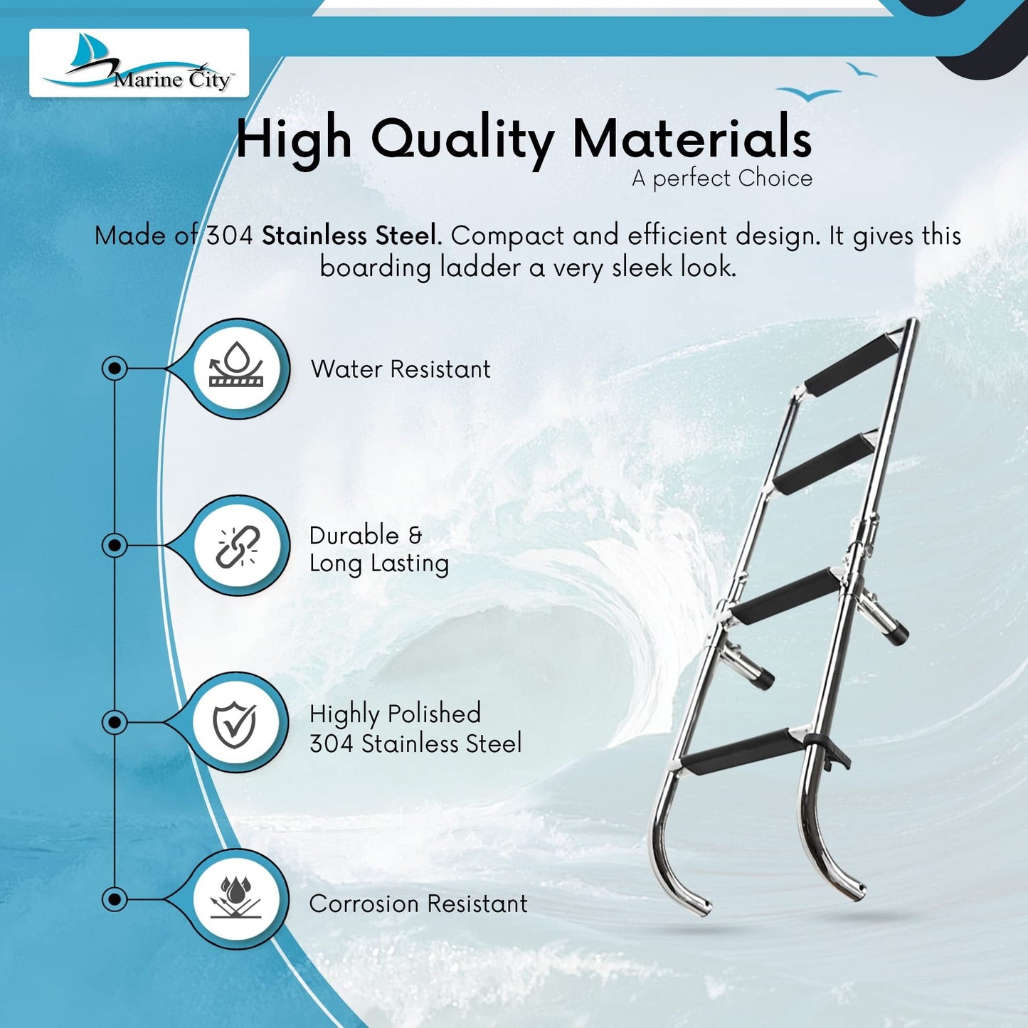 Marine City 2+2 Step Foldable Boarding Ladder – 304 Stainless Steel Boat Ladder Marine City