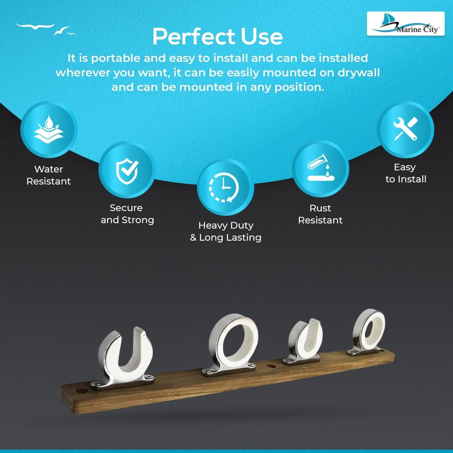 Marine City 4-Rod Reel Fishing Rod Storage Hanger Rack – 316 Stainless Steel MARINE CITY
