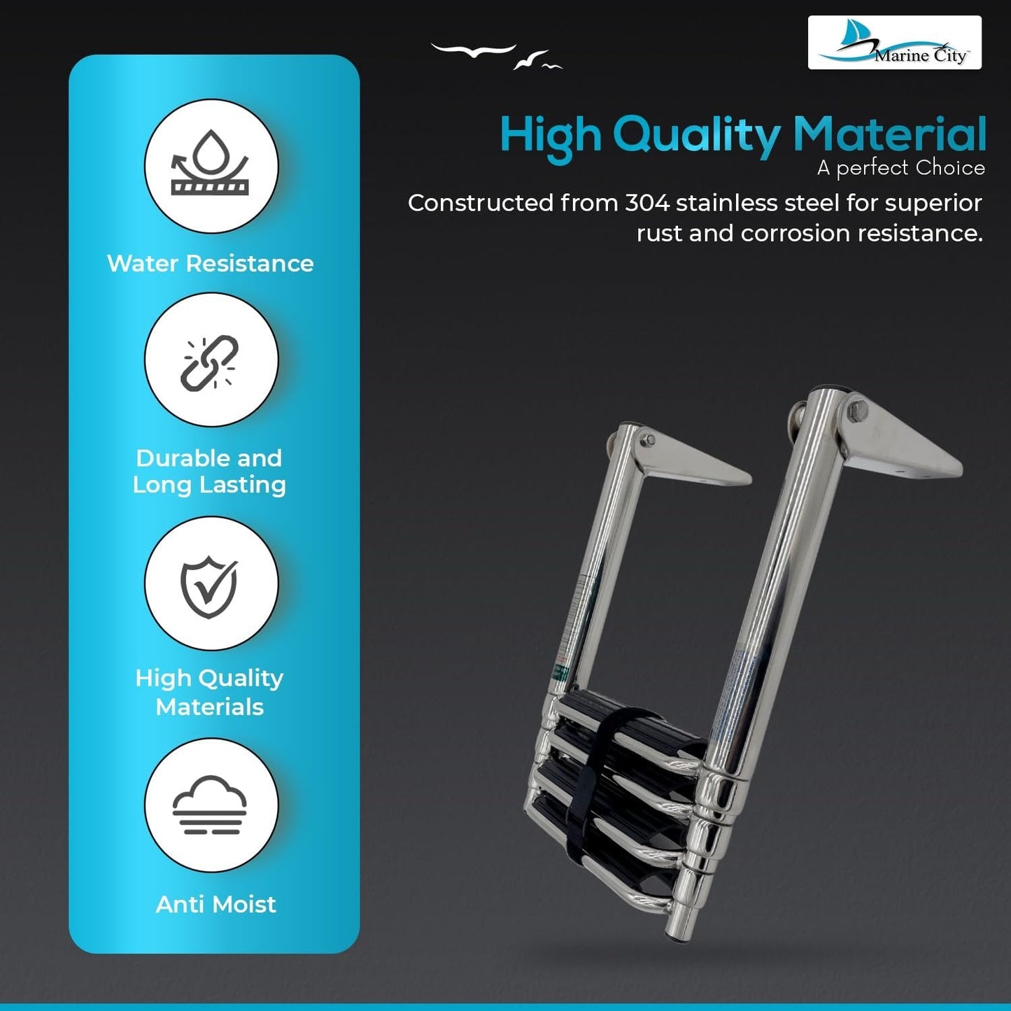 MARINE CITY 4-Step Folding Telescoping Ladder, 304 Stainless Steel Round Tube Boat Boarding Ladder for Swim Platforms & Docks