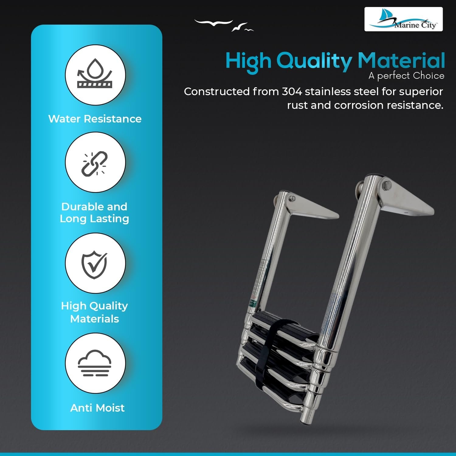 MARINE CITY 4-Step Folding Telescoping Ladder, 304 Stainless Steel Rou ...