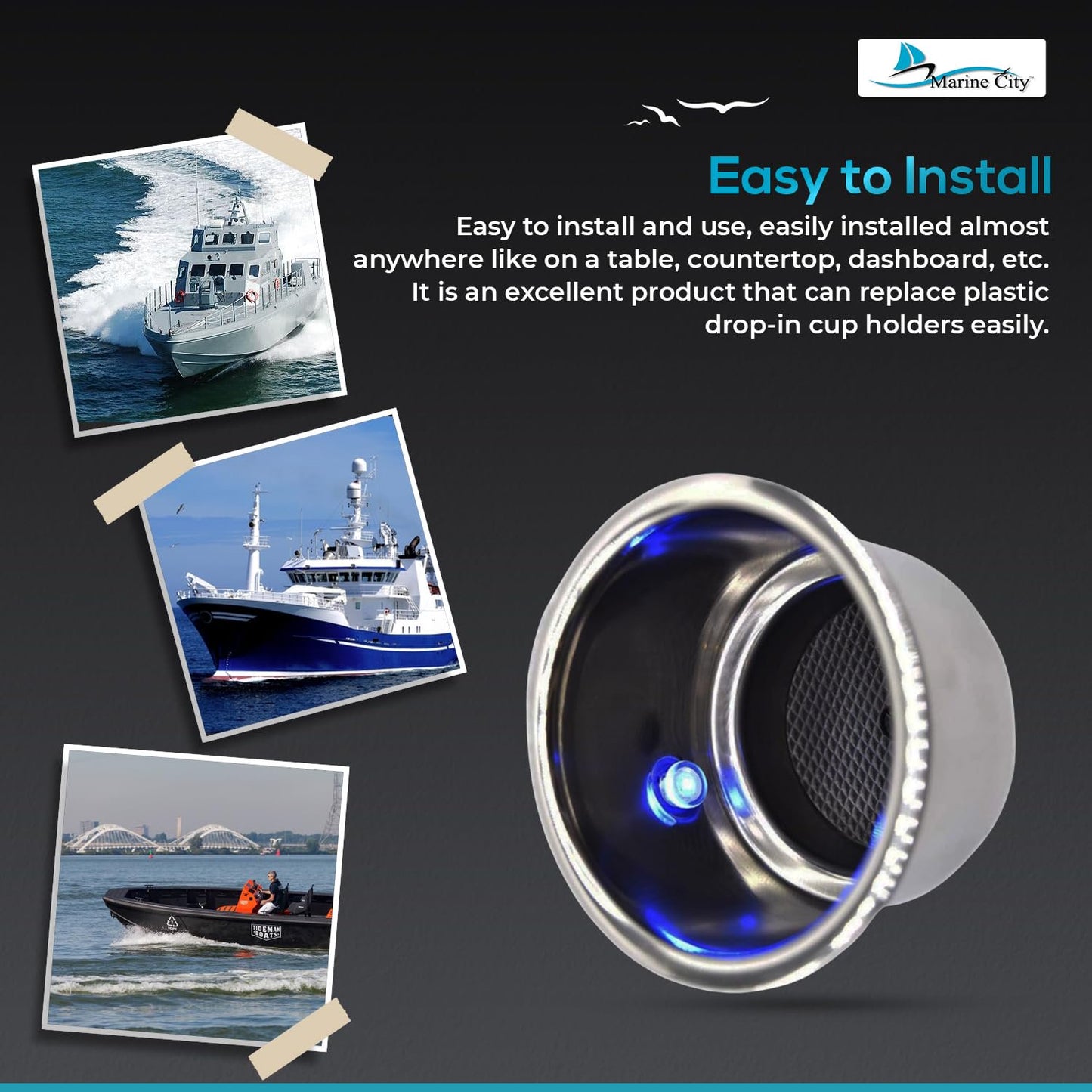 Marine City Stainless Steel LED Drink Cup Holder with Drain – 3 Blue LED Lights