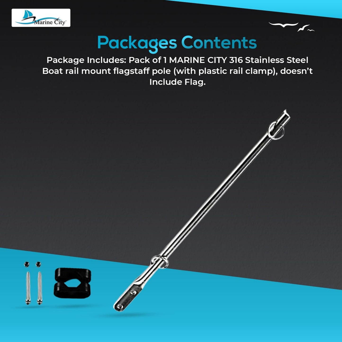 Marine City 316 Stainless Steel Rail Mounted Flag Staff – Fits 7/8" to 1" Tubing
