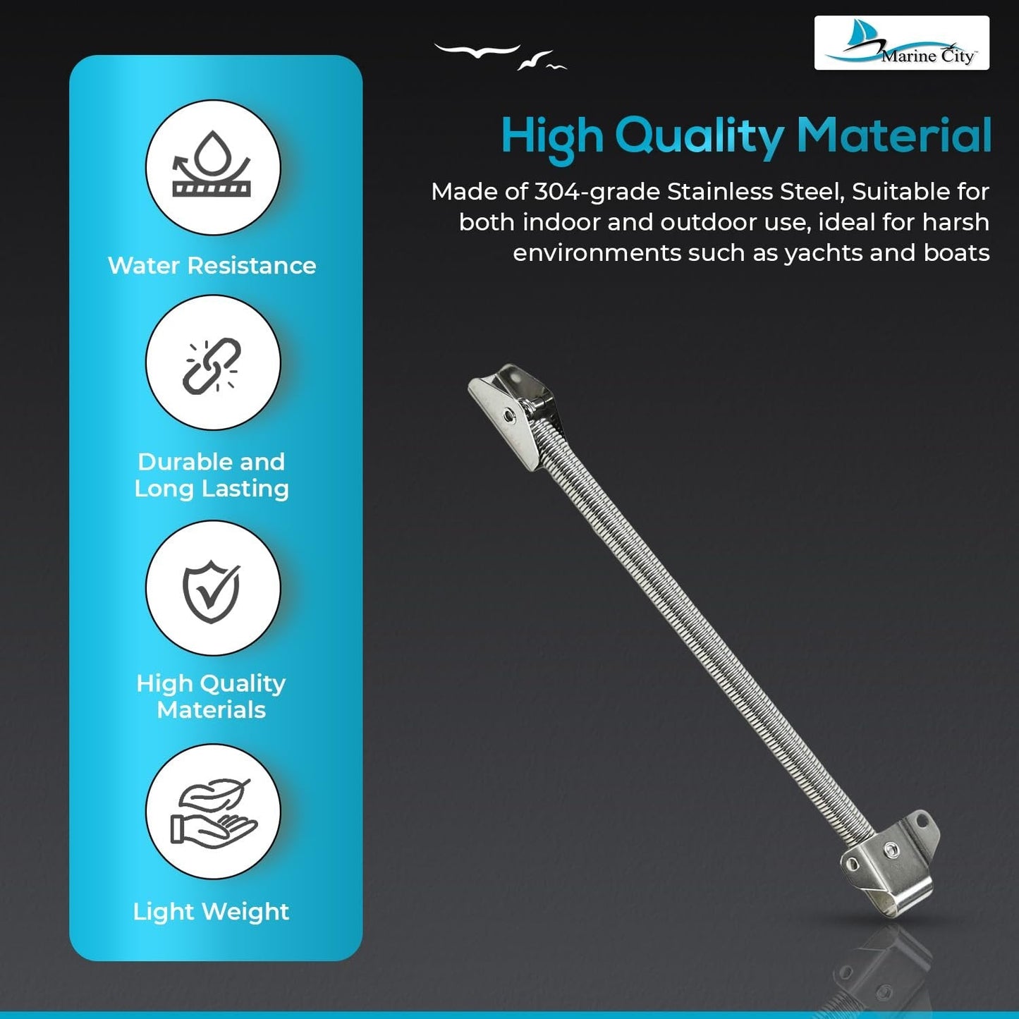 Marine City 10-1/4" Hatch Holder Adjuster–304 Stainless Steel Spring Lid Support Marine City