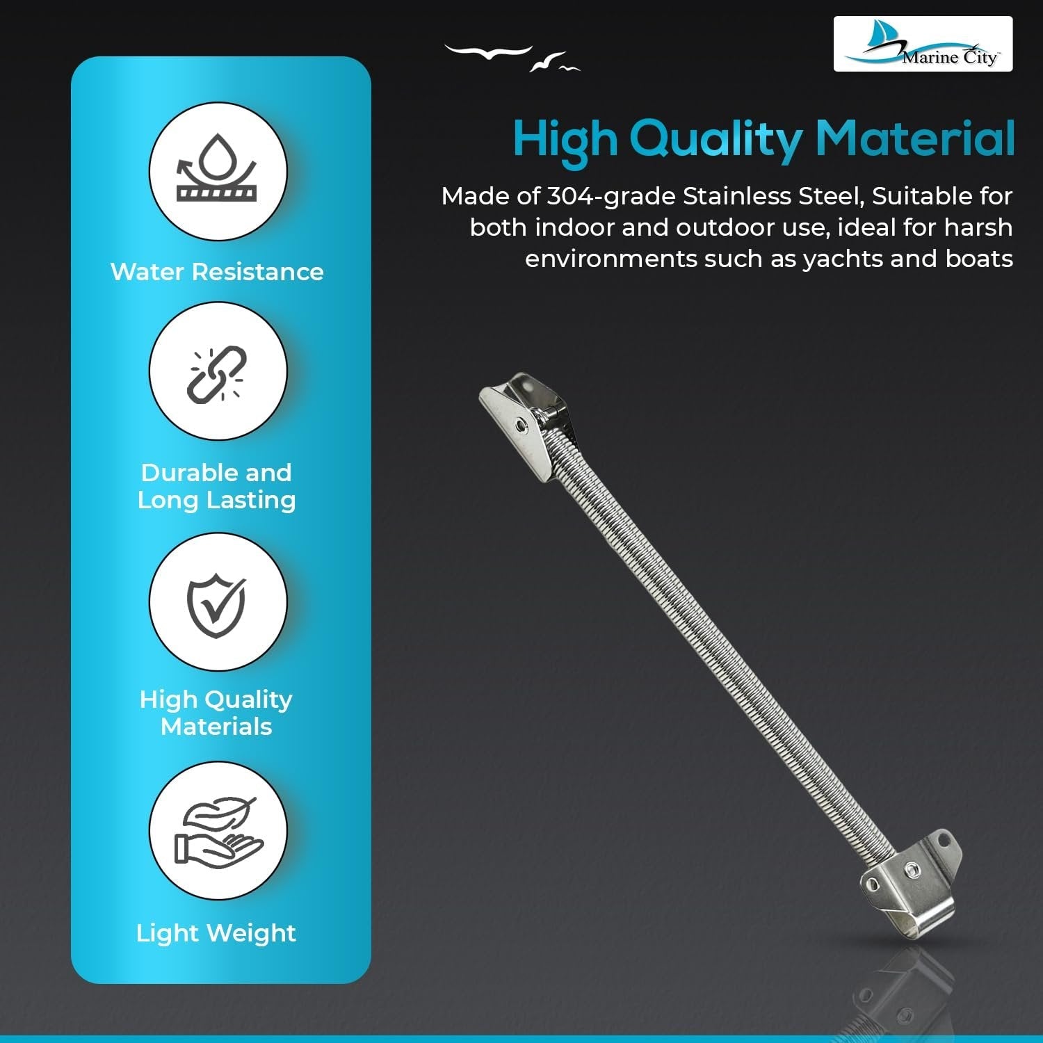 Marine City 10-1/4" Hatch Holder Adjuster–304 Stainless Steel Spring Lid Support Marine City