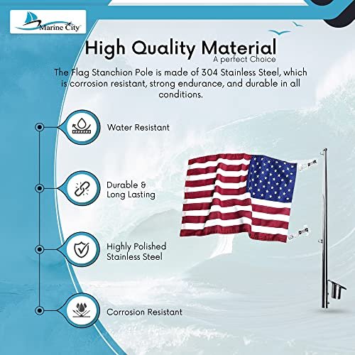 MARINE CITY 30-Inch Flag Stanchion Pole & Base Kit – Stainless Steel, Adjustable MARINE CITY