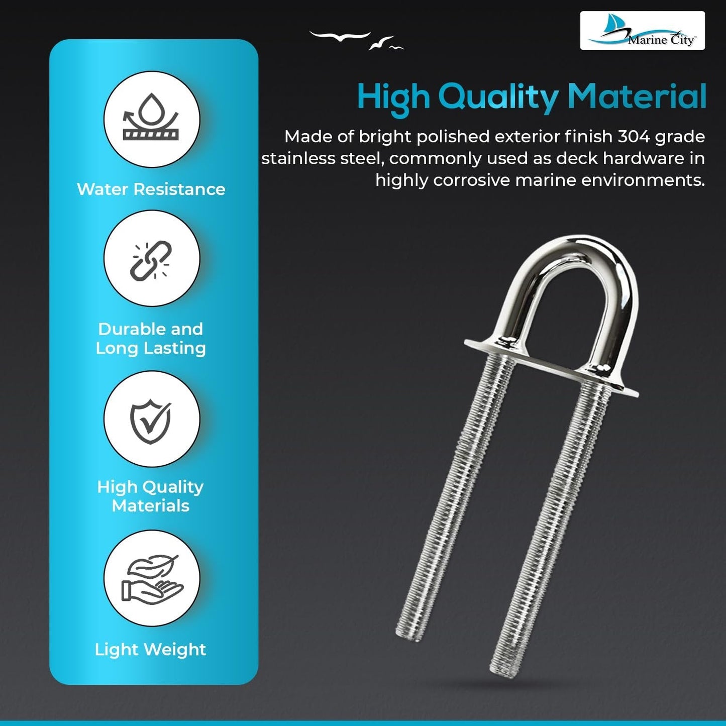 Marine City 304 Stainless Steel Stern Bow Eye Tie Down U-Bolt – 8 x 5/8 Inches Marine City Hardware