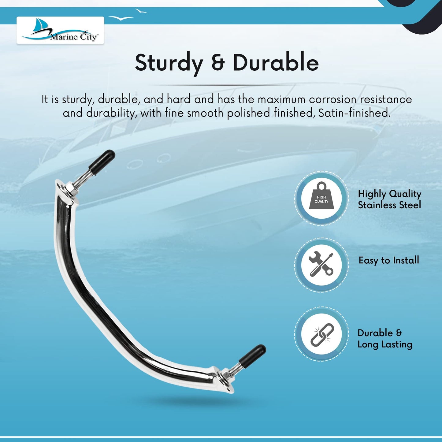 Marine City Oval Tube Grab Bar Mount Handrail – 8-5/8 Inch, Stainless Steel