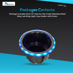 Marine City Stainless Steel 12V Blue LED Ring Cup Holder with Center Drain
