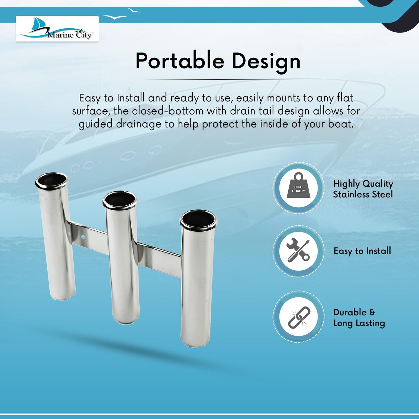 Marine City 3-Link Fishing Tube Rod Holder Rack – Stainless Steel for Boats