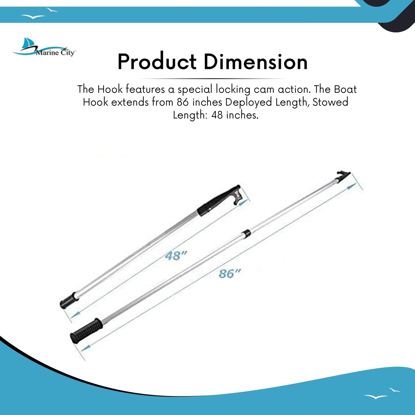 Marine City 2-Step Telescoping Boat Hook – Anodized Aluminum, Adjustable