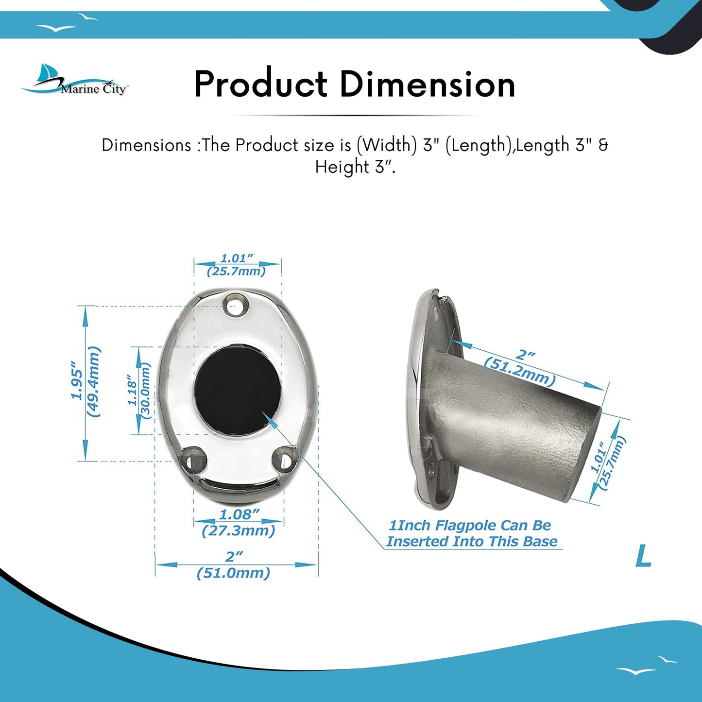 MARINE CITY Deck Flush Base Flag Socket  Stainless Steel, Fits 1" Stanchion Poles