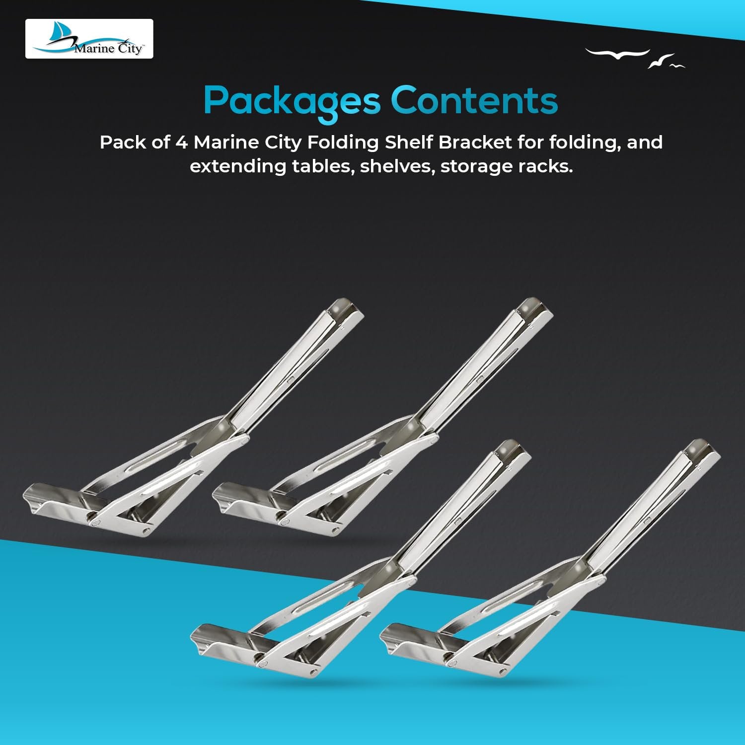Marine City 304 Stainless Steel Folding Shelf Bracket – 12” Long Arm, Heavy Duty Marine City Hardware