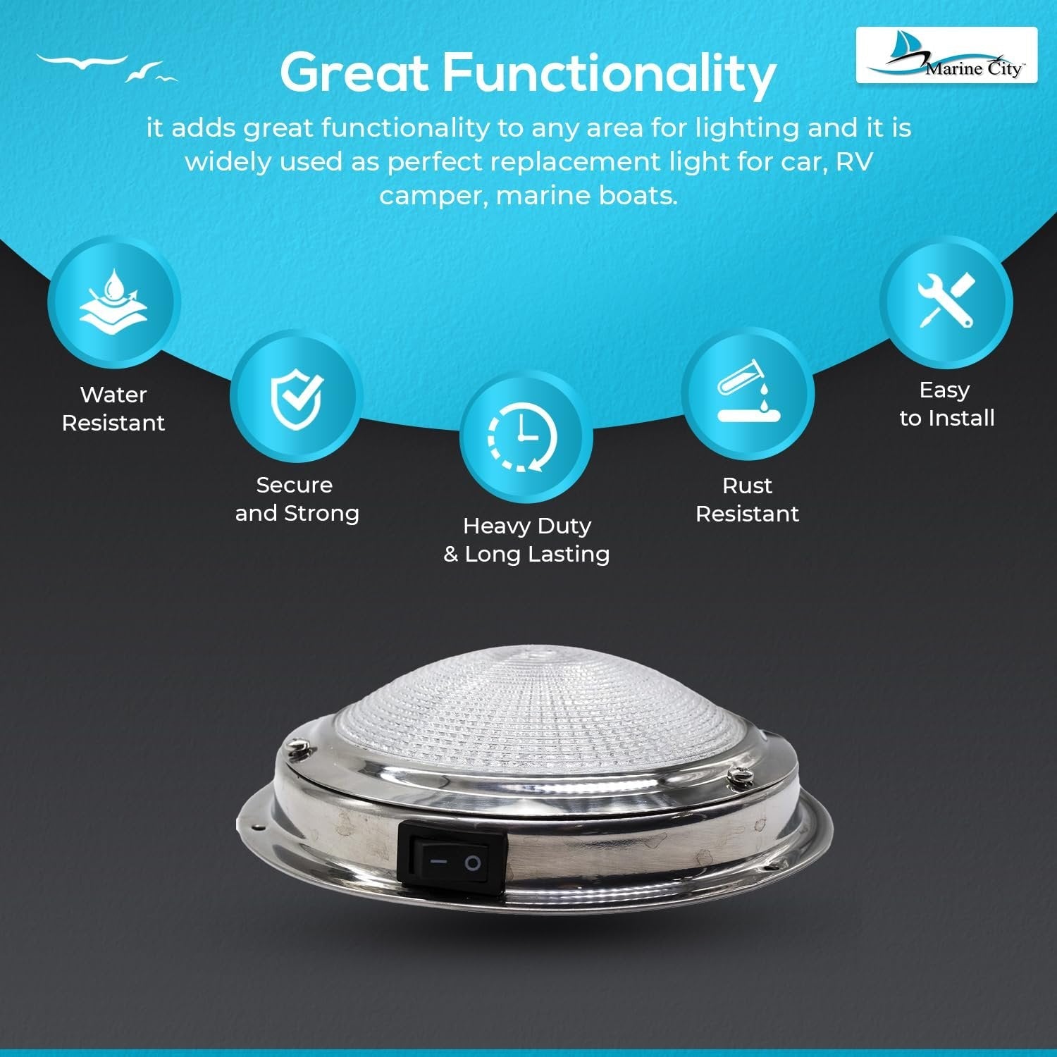 Marine City 304 Stainless Steel LED Dome Light 4” Lens, 12V, 3W, Water-Resistant Marine City