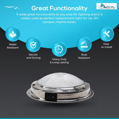 Marine City 304 Stainless Steel LED Dome Light 4” Lens, 12V, 3W, Water-Resistant Marine City