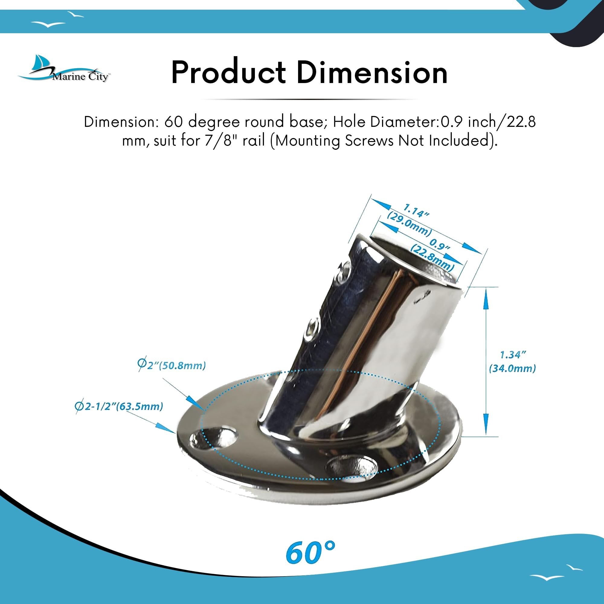 60° Hand Railing Round Base Stainless Steel (Pack of 2) - Marine City ...