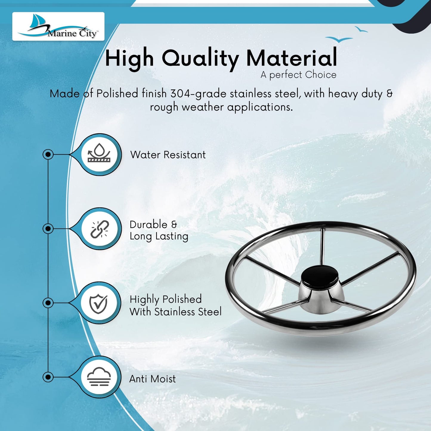 Marine City 5-Spoke Stainless Steel Steering Wheel – 304 Corrosion Resistant