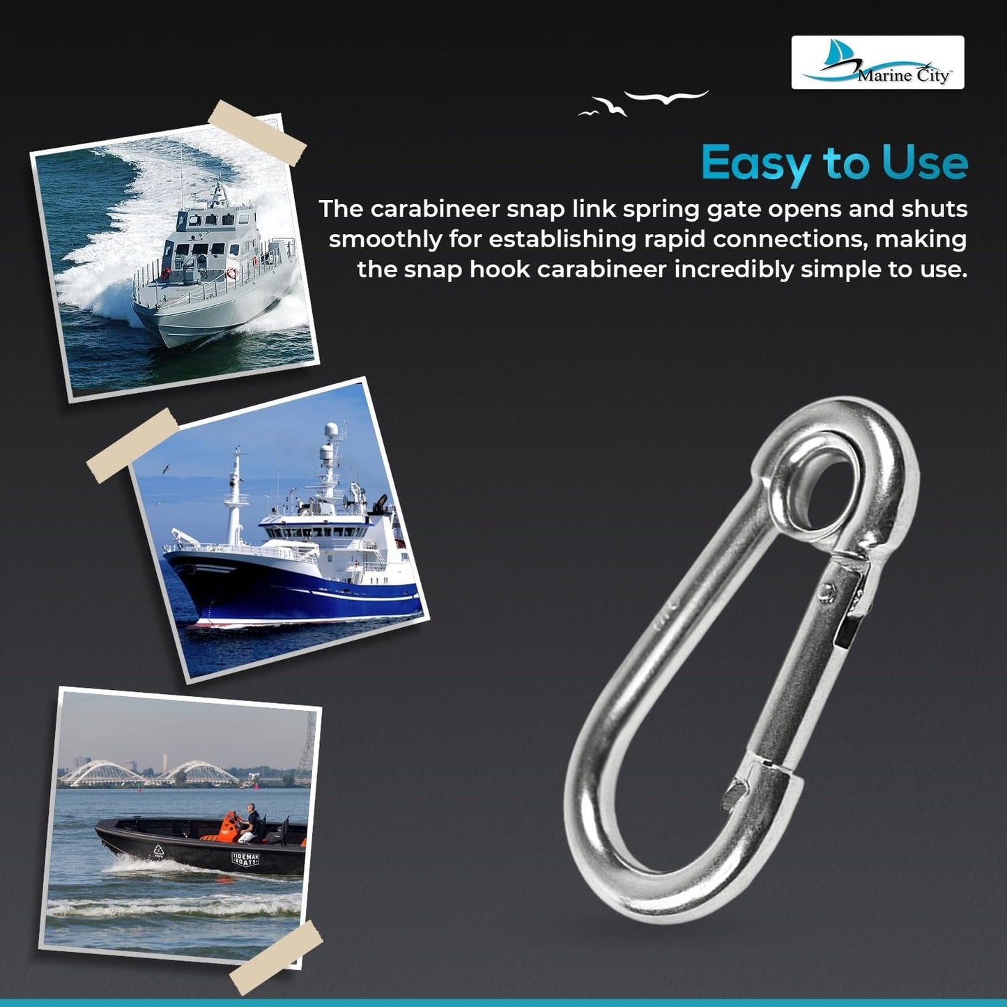 Marine City Carabiner Clip Snap Hook with Ring, Stainless Steel, 2-3/8" Durable MARINE CITY