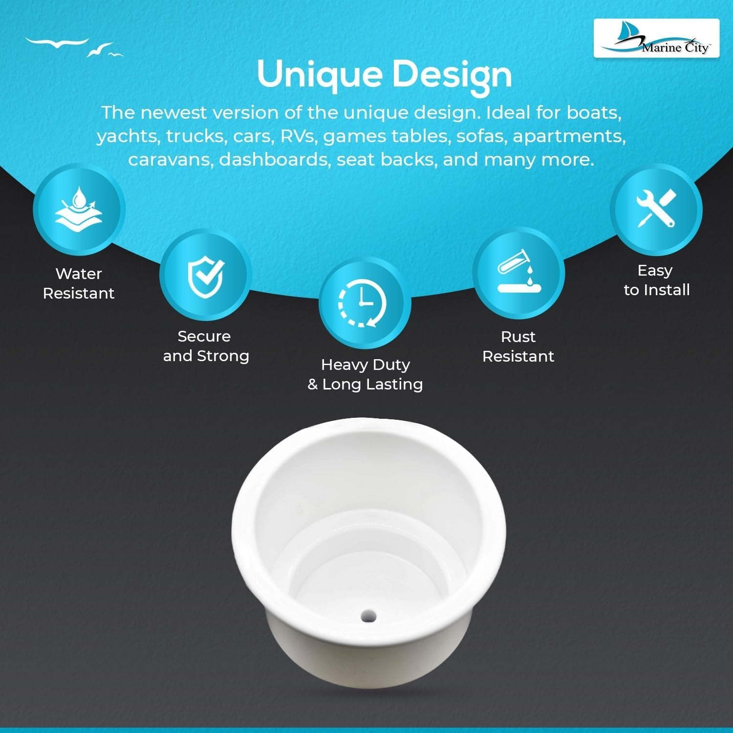 Marine City ABS White Plastic Cup Holder with Center Drain – Flush Mount Holder Marine City