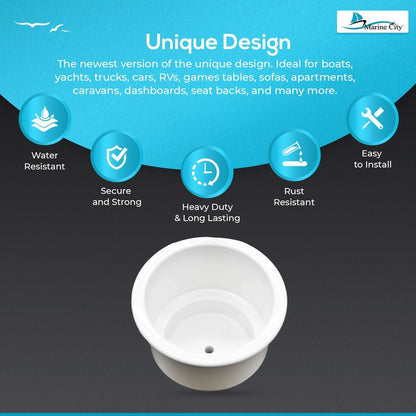 Marine City ABS White Plastic Cup Holder with Center Drain – Flush Mount Holder Marine City