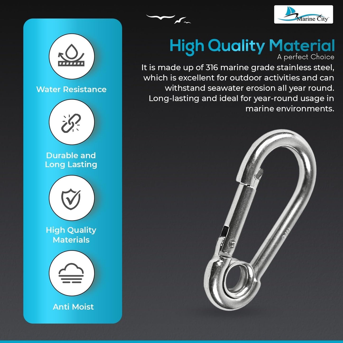 Marine City Carabiner Clip Snap Hook with Ring, Stainless Steel, 2-3/8" Durable MARINE CITY