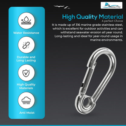 Marine City Carabiner Clip Snap Hook with Ring, Stainless Steel, 2-3/8" Durable MARINE CITY
