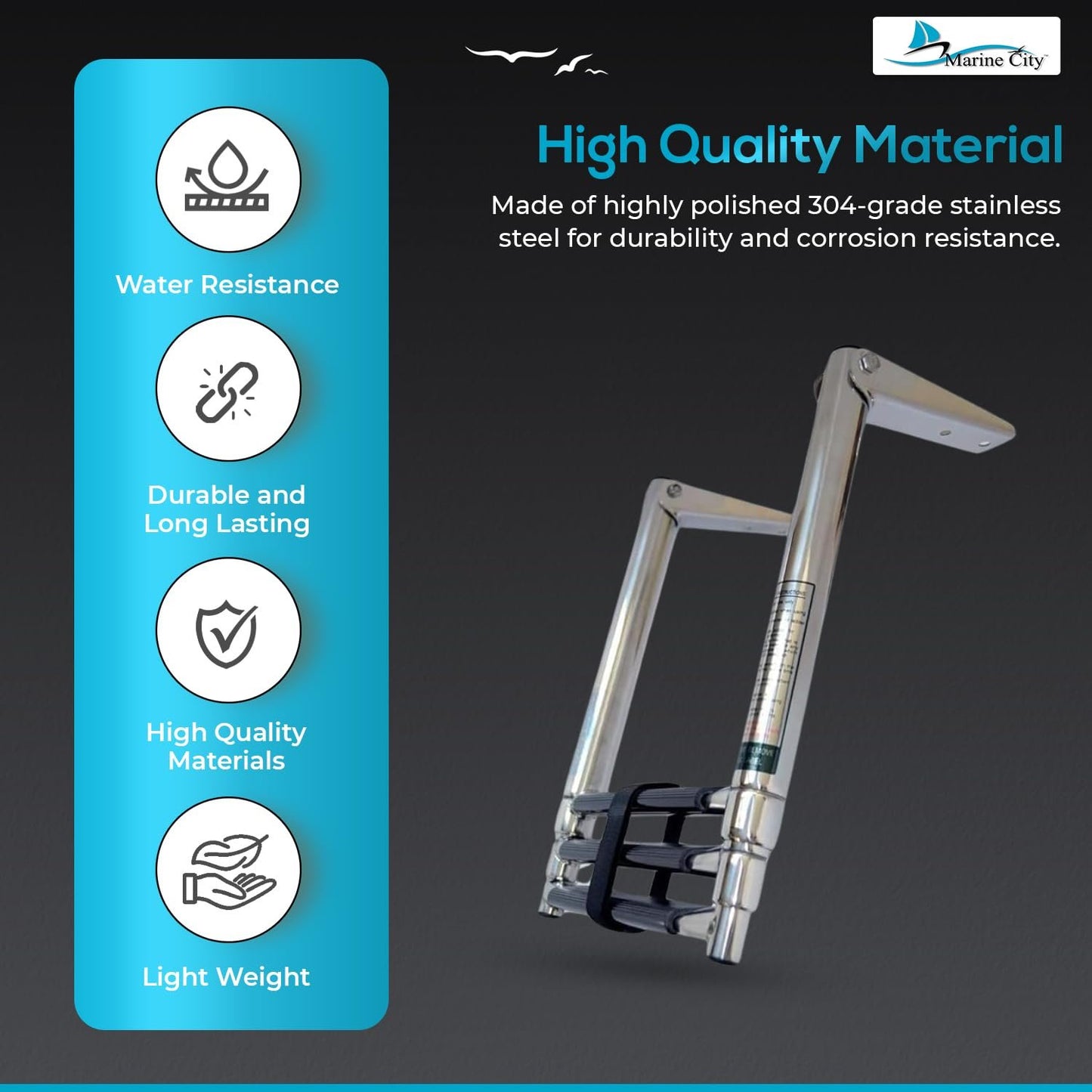 Marine City Escalera telescópica de 3 escalones de acero inoxidable (carga máxima 400 lbs)