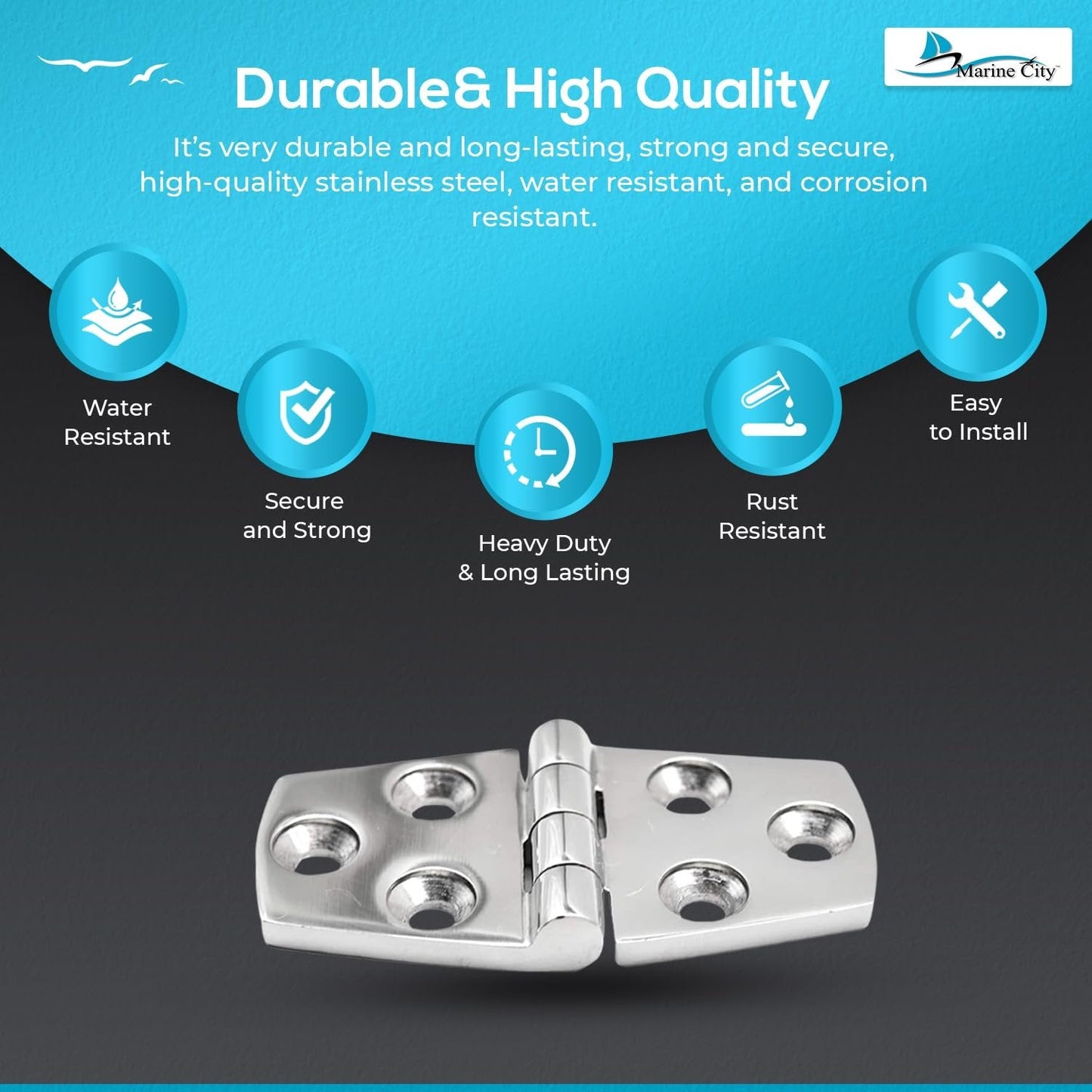 Marine City 316 Stainless Steel Polished Door Strap Hinges – 1-1/2 × 3 Inches Marine City