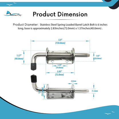 Marine City 6 Inch Spring Latch Barrel Bolt with Cradle – 304 Stainless Steel