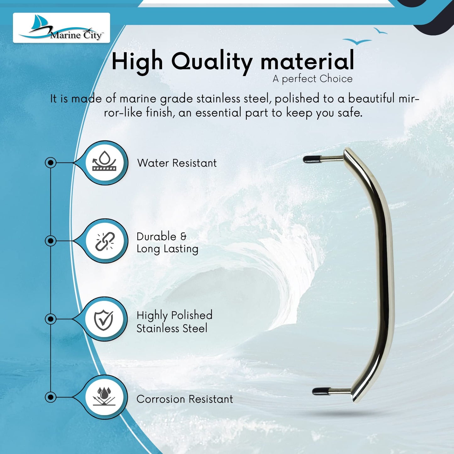 Marine City 11” Stainless Steel Oval Tube Boat Handrail with Flange & Studs