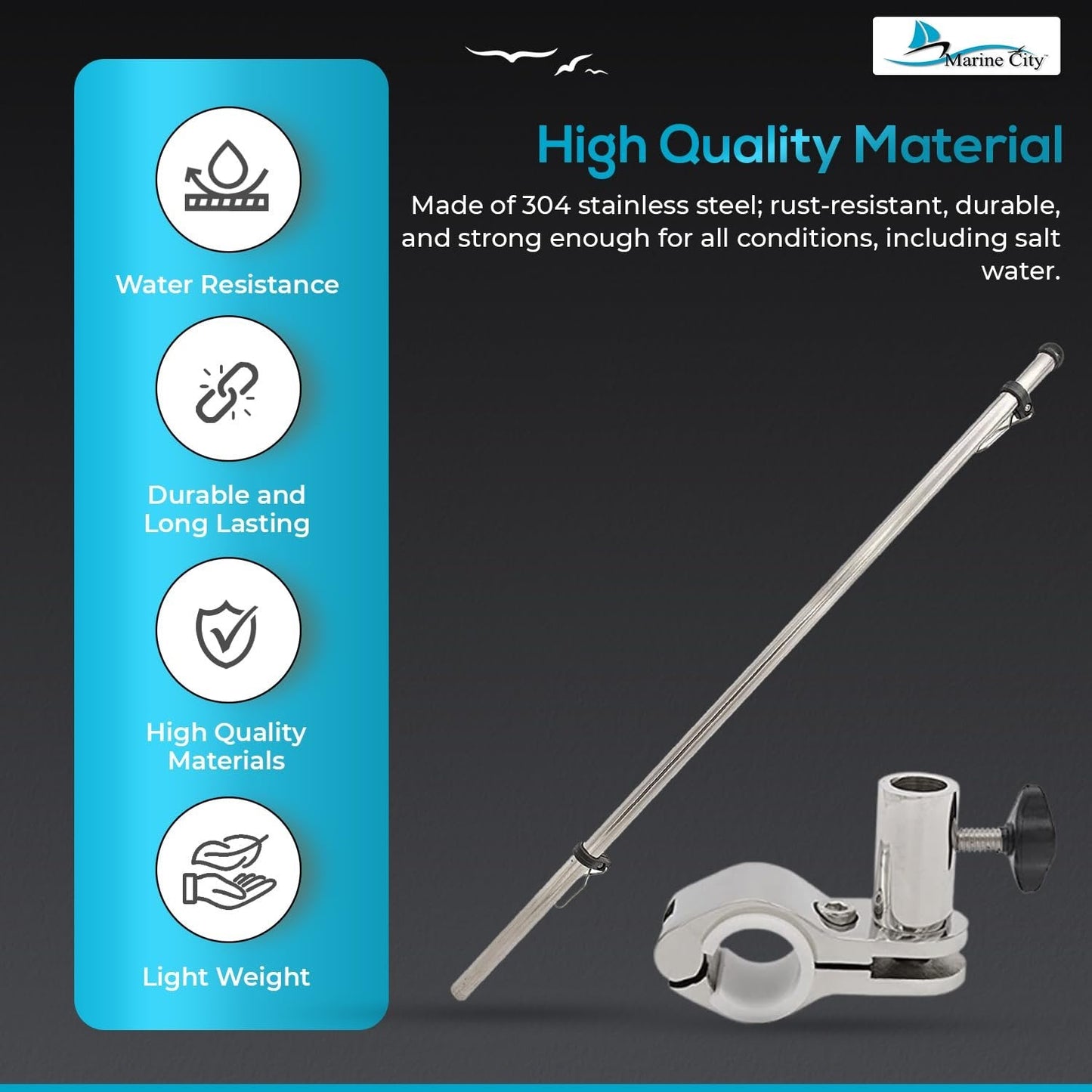 Marine City 21-Inch Rail-Mounted Flag Pole – Rust-Resistant 304 Stainless Steel Marine City
