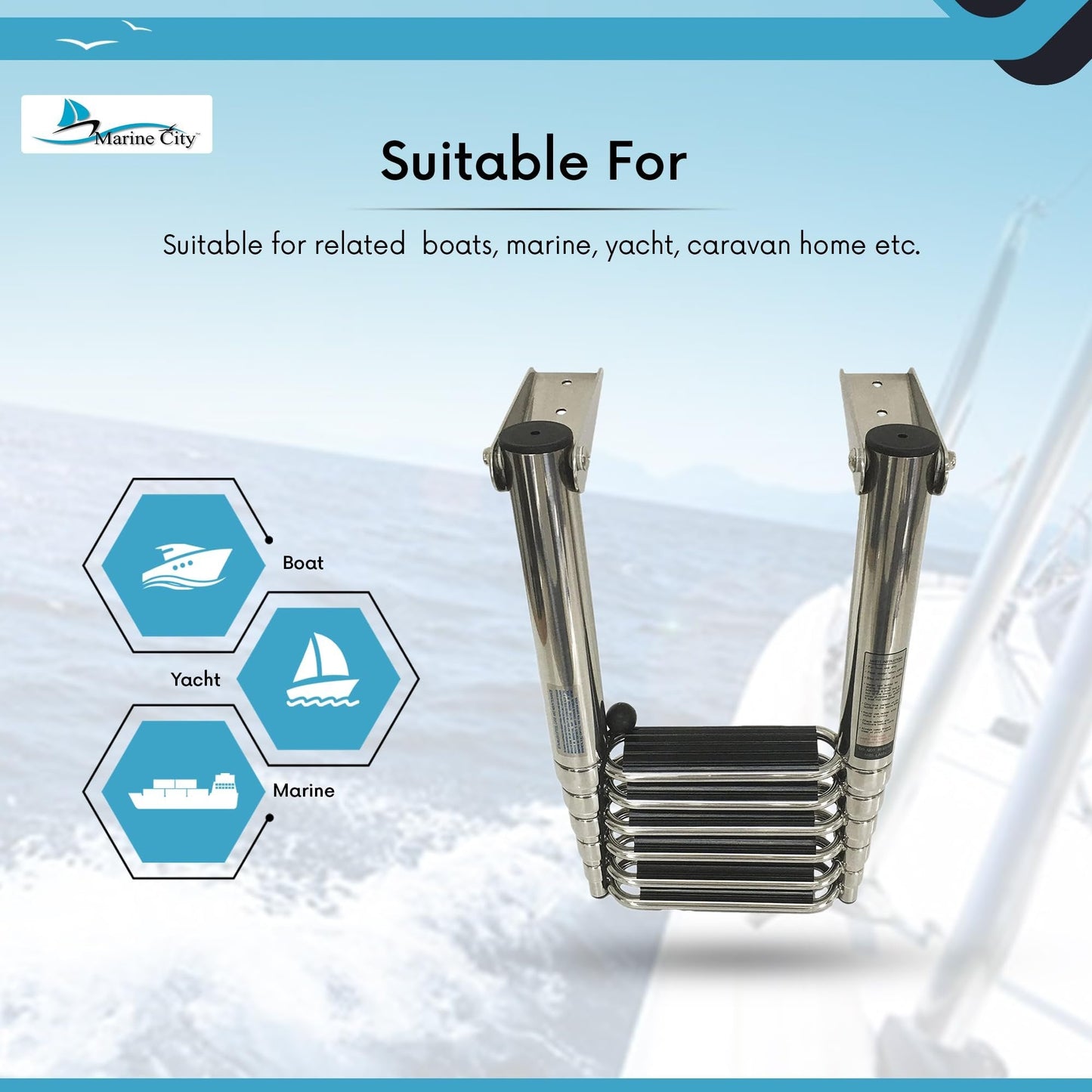 MARINE CITY 6-Step Telescoping Swim Ladder – 304 Stainless Steel, Wide Pedals MARINE CITY