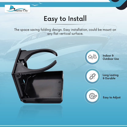 Marine City Black Adjustable Folding Cup Holder – ABS Plastic, 2-3/8” to 3-7/8” Marine City Hardware