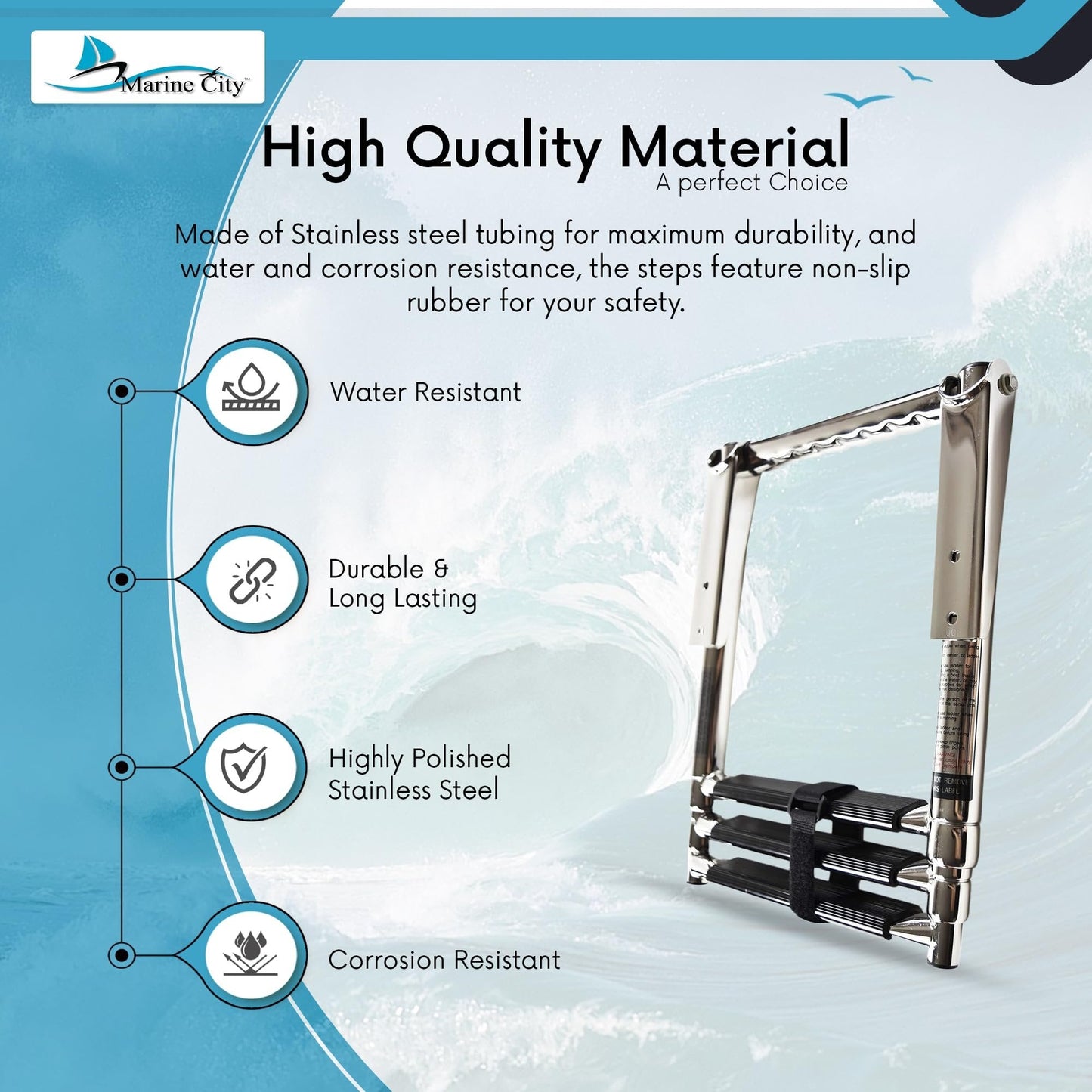 MARINE CITY 3-Step Telescopic Drop Ladder with Gangplank Handle Stainless Steel Marine City