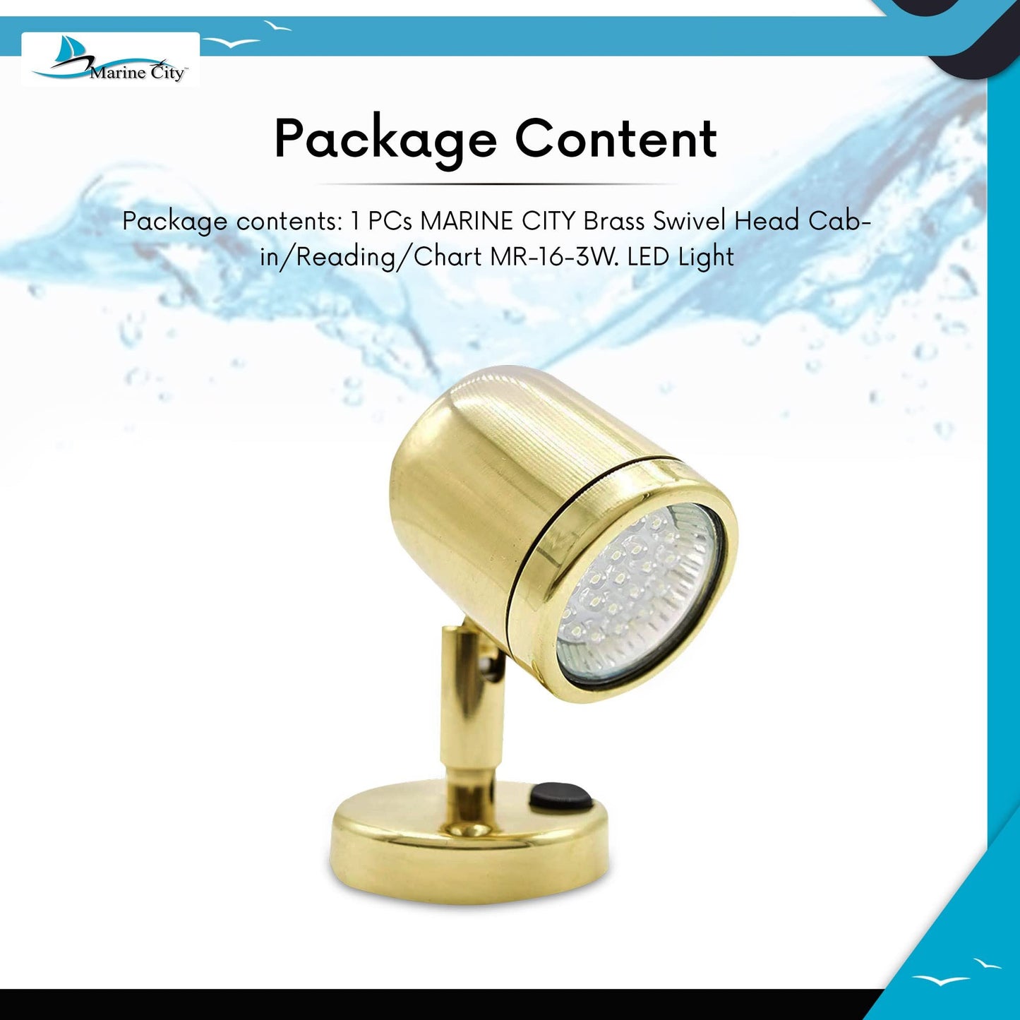 Marine City Brass Swivel Head Cabin Reading LED Light – Adjustable MR16-3W, 12V